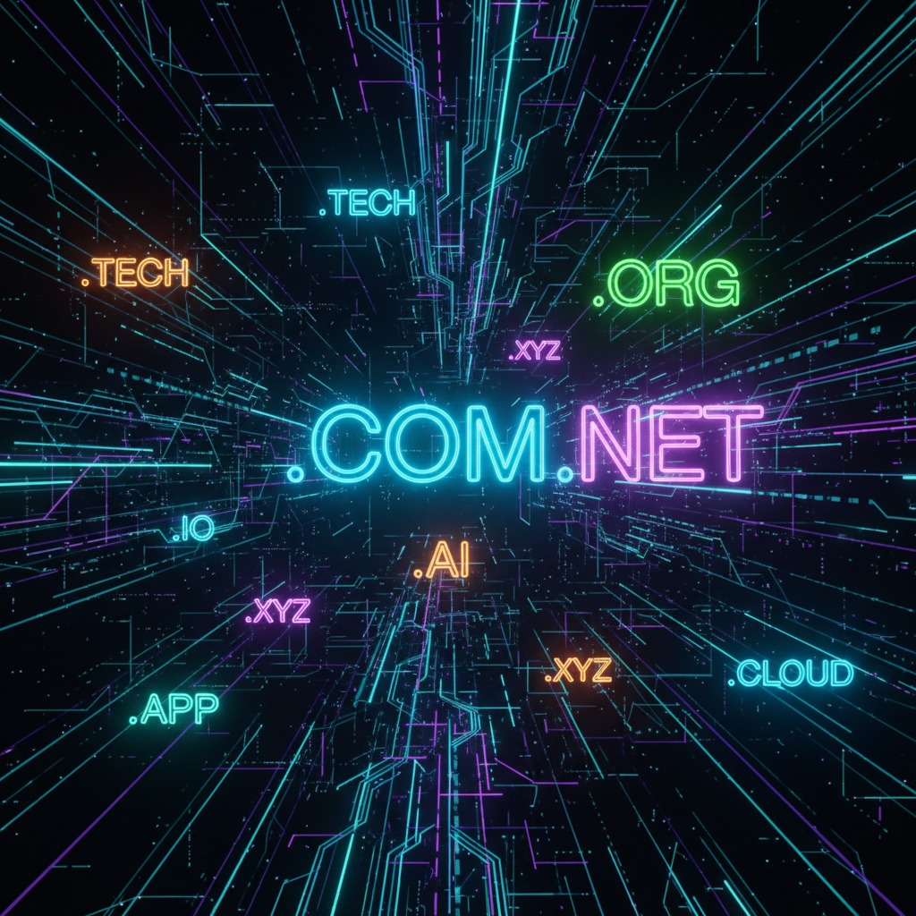 Extensiones de dominio como com, net y org flotan en un túnel digital brillante con líneas de circuitos luminosas.